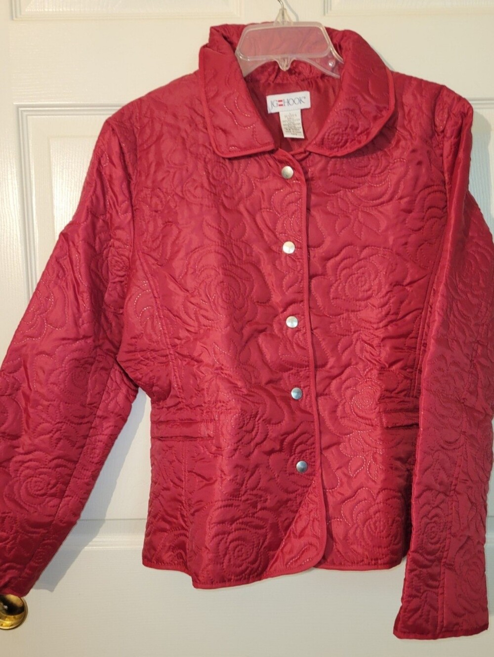 Vintage JG Hook Red Quilted Embroidered Rose Lightweight Long Sleeve Jacket Lg